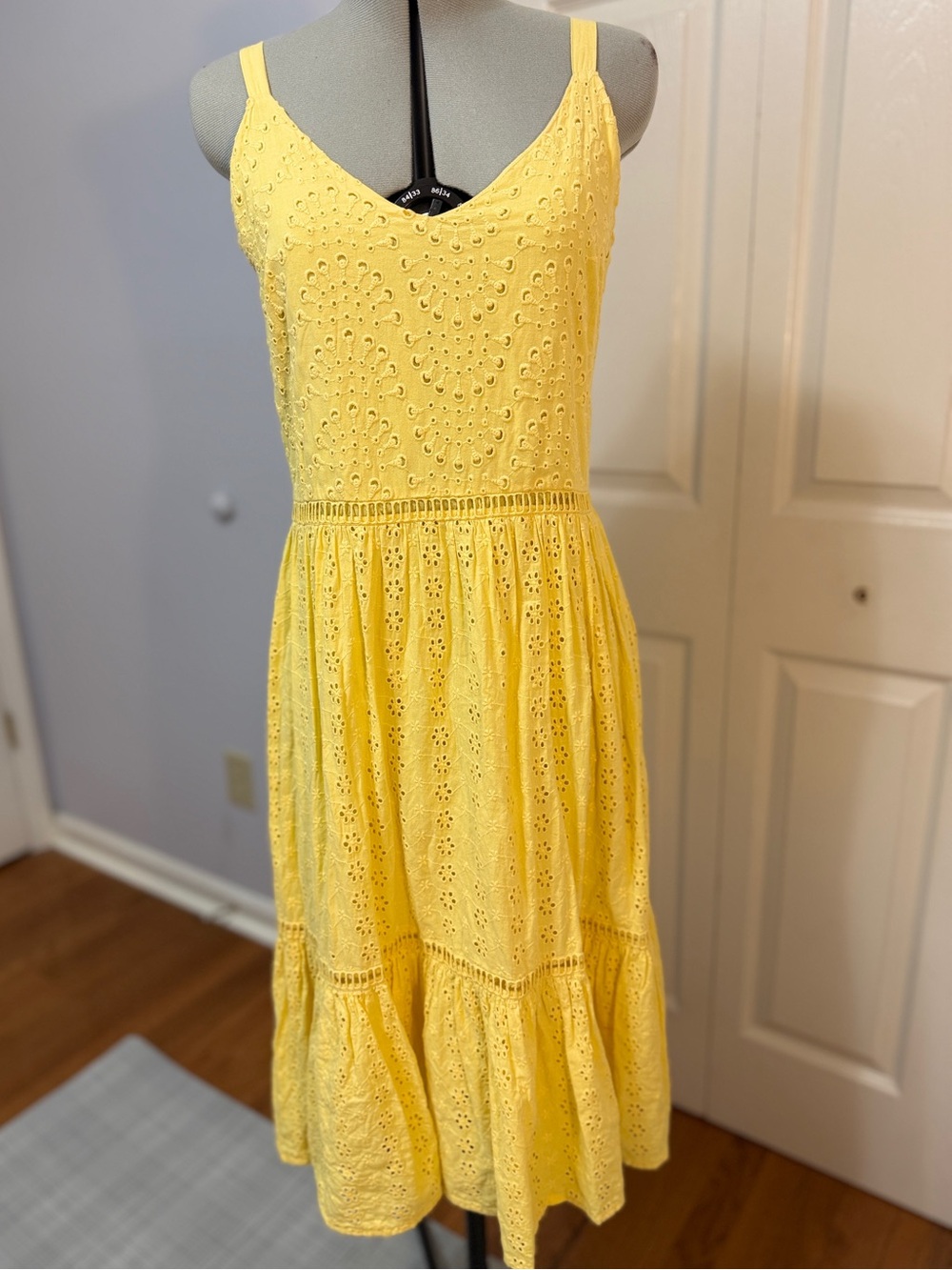 Sunny Eyelet V-Neck Cotton Midi Dress in Yellow